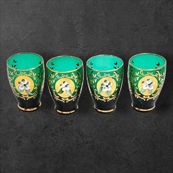 Vintage Murano Green Gold Glass Decanter Set w 4 Glasses & Stopper Italy Barware - Picture 2 of 14